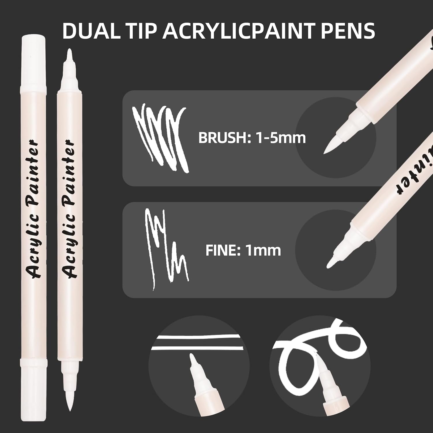 White Dual-Tip Acrylic Paint Pens, 5 Pcs White Acrylic Paint Pens Markers For Rock Painting, Fabric, Metal, Glass, Wood, Canvas, Ceramic, Pumpkins, Eggs, Plastic, 1 mm Fine & Brush Tips