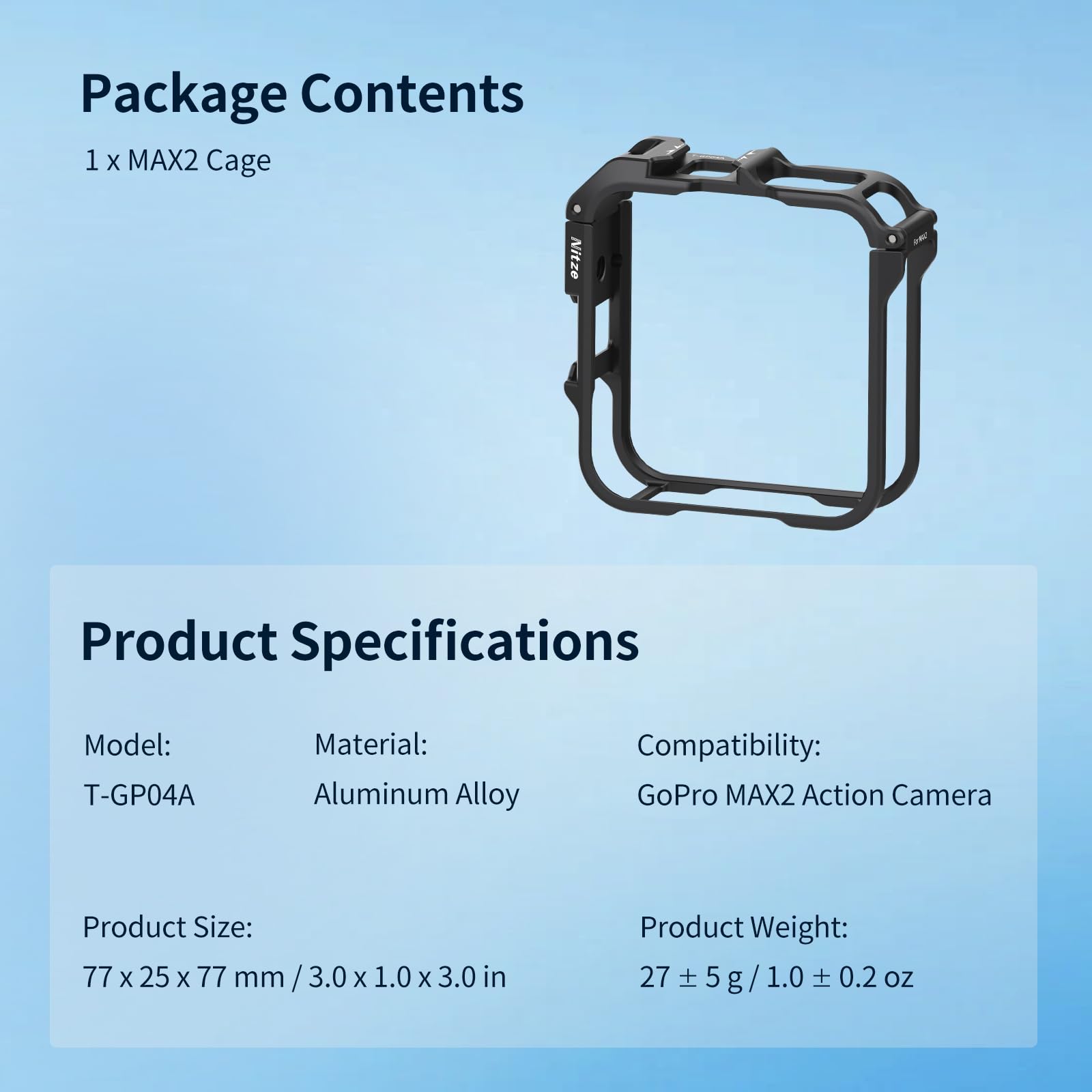 Nitze Cage pour Caméra GoPro Max 2, Cage de Protection en Alliage d'Aluminium avec Griffe Intégrée et Trou de Positionnement 1/4" pour Microphone et Lampe LED - T-GP04A