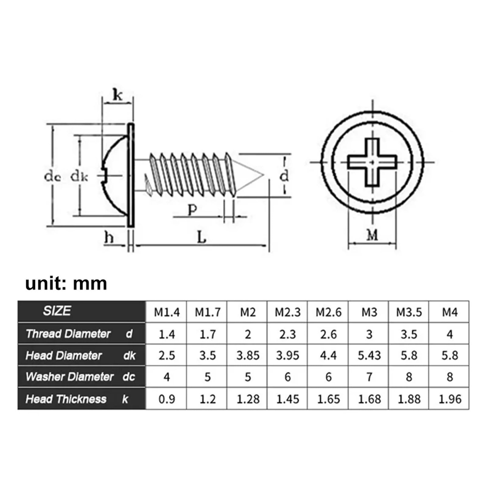 viti autofilettanti, 100/200 pezzi Mini viti autofilettanti a testa tonda con croce in acciaio al carbonio nero M2 .3 .6 PWA rondella(3mm,M2.6 (100pcs))