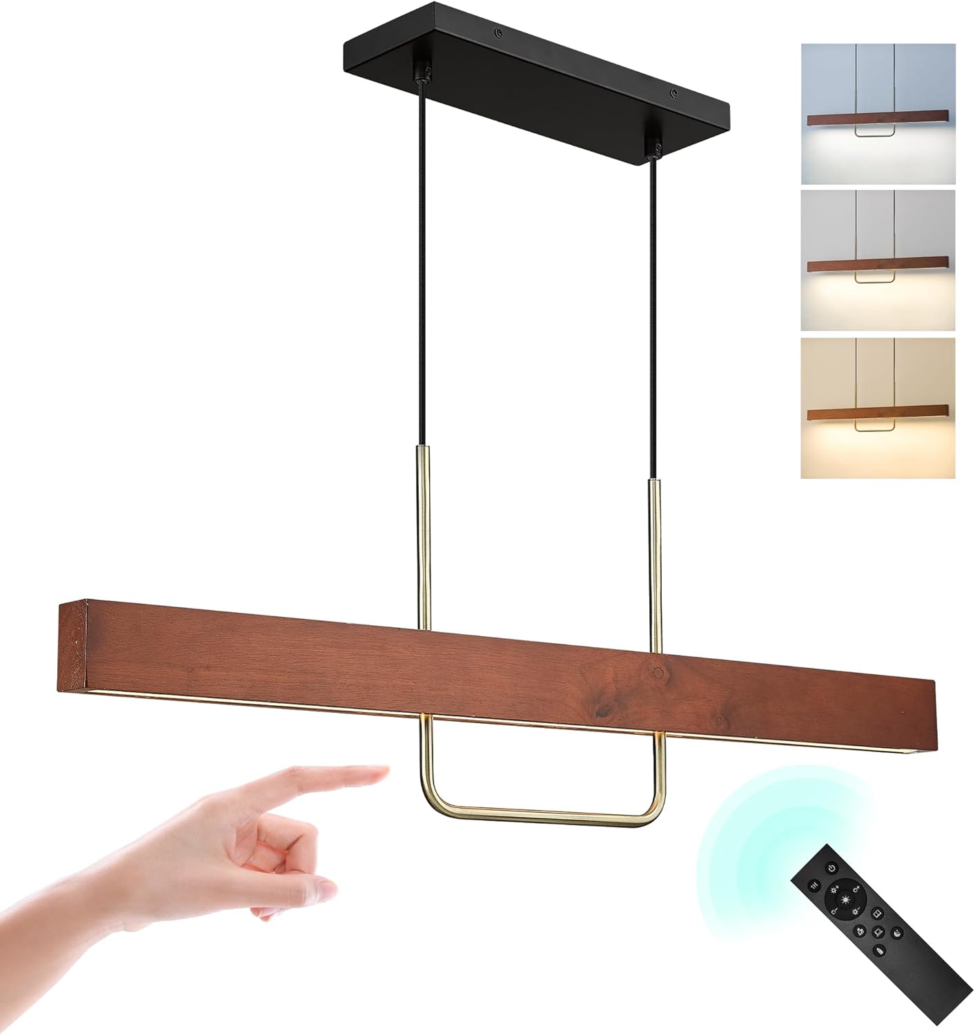 ELYONA 35.5" Wood Linear Pendant Light 20W LED Stepless Dimmable Kitchen Island Light Fixture with Remote & Touch Control Brass Metal Adjustable Color Temperature for Dining Room Office Pool Table