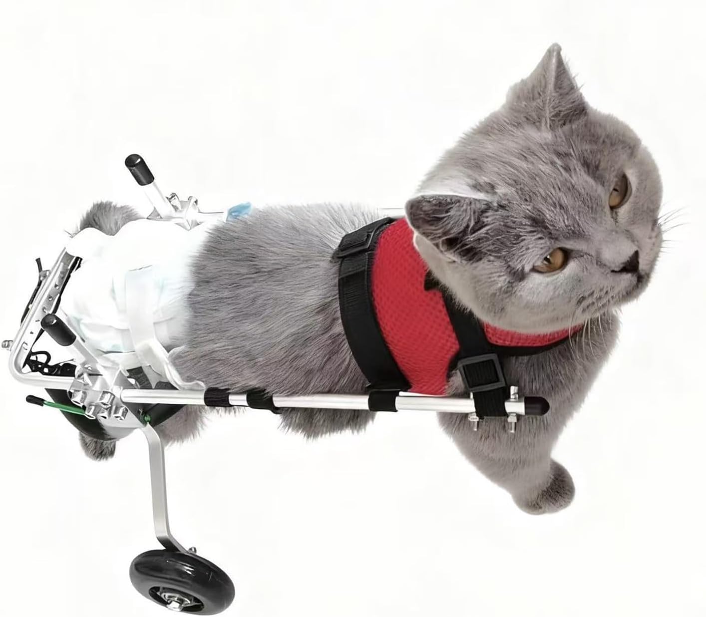 Cat Wheelchair, Adjustable Pet Mobility Cart, Aluminum Two-Wheel Rear Leg Support for Disabled/Paralyzed Cats, Shock-Absorbing Wheels, Breathable Harness(3-6 Months)