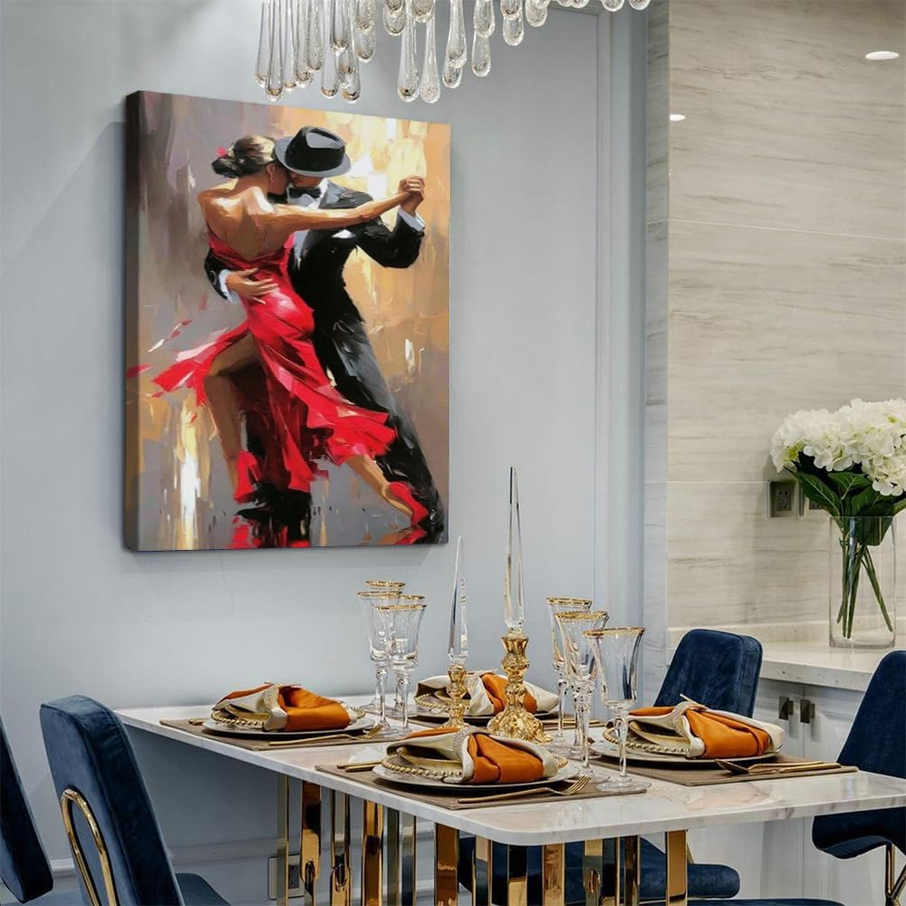 Tango Dancers Wall Art Canvas Prints,Red Dress Couple Dancing Poster Printing Artwork Decor for Living Room,Bedroom,Modern Oil Painting Style Wall Decor,Gift for Anniversary-16x24inch(40x60cm)-Unframe-style