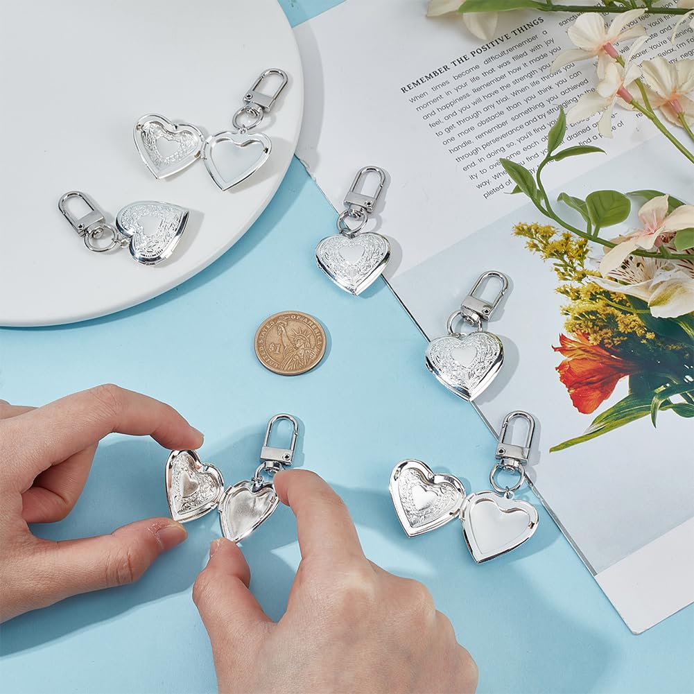 MAYJOYDIY 6 Porte Clés Médaillon Cœur Argenté 6.4cm Pendentif Cœur Vintage Souvenir Photo pour la Fabrication de Bijoux la Fête des Mères la Saint Valentin les Loisirs Créatifs