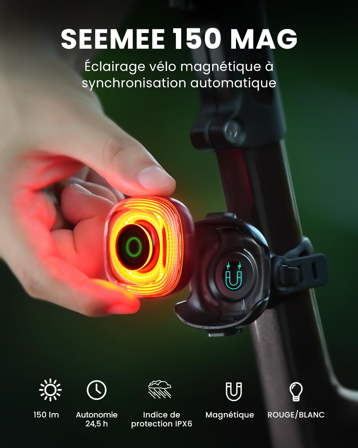 Magicshine SEEMEE Phares arrière magnétiques pour vélo, technologie de contrôle FTR LightSync rechargeable par USB-C, étanchéité IPX6, cadeaux de cycliste pour hommes et enfants