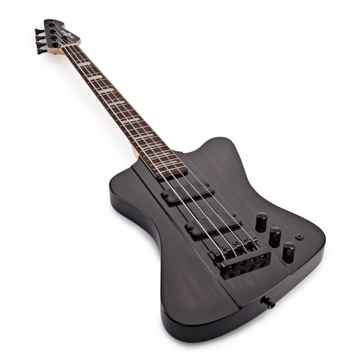Basso Harlem Z di Gear4music, Trans Black | Corpo Leggero in Paulonia dal Suono Ricco, Forma Z Sorprendente in Finitura Nera, Due Pickup Humbucker, Custodia Inclusa