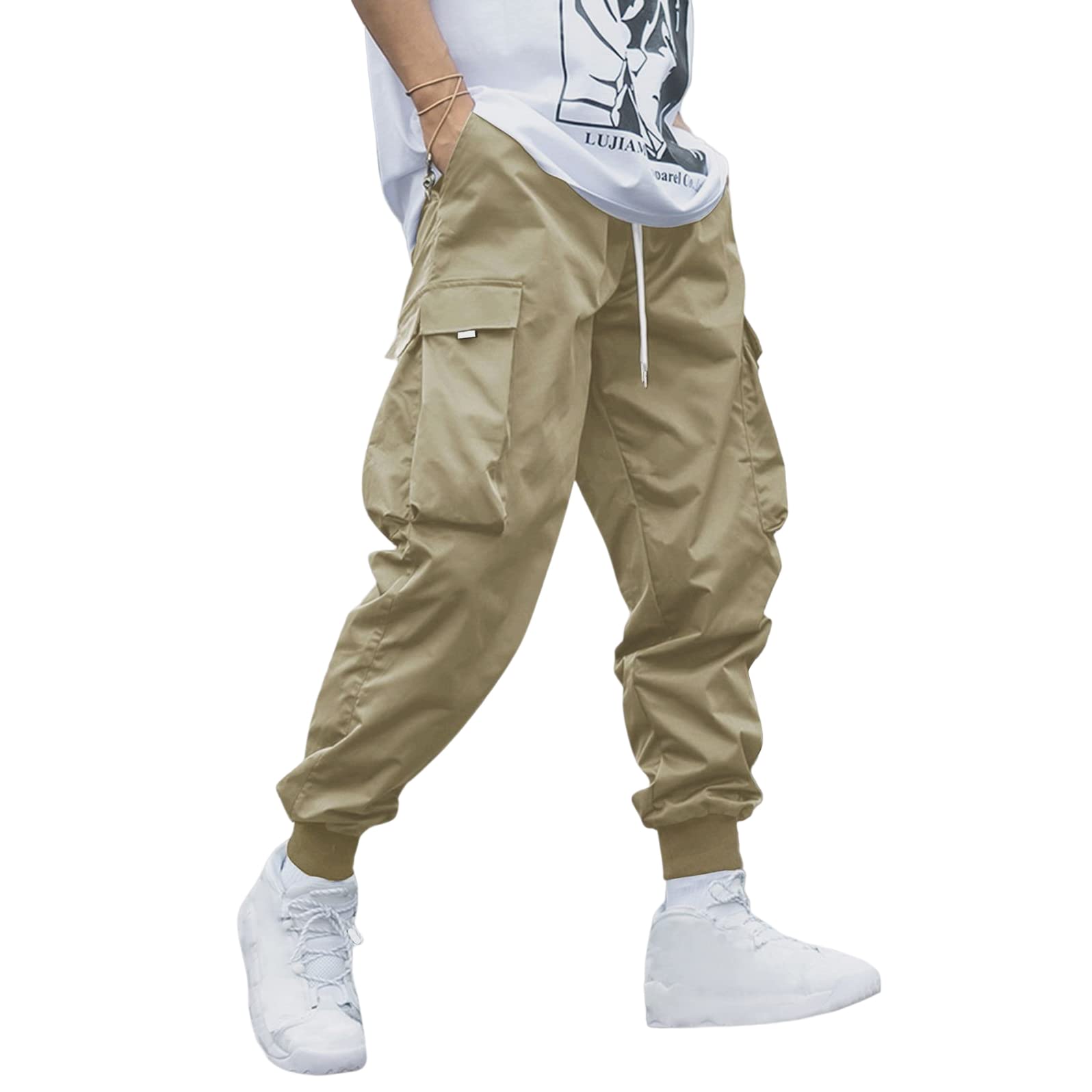 ZAFUL Mens Streetwear Cargo Pants with Flap Pockets Drawstring Elastic Waist - Casual Techwear Joggers