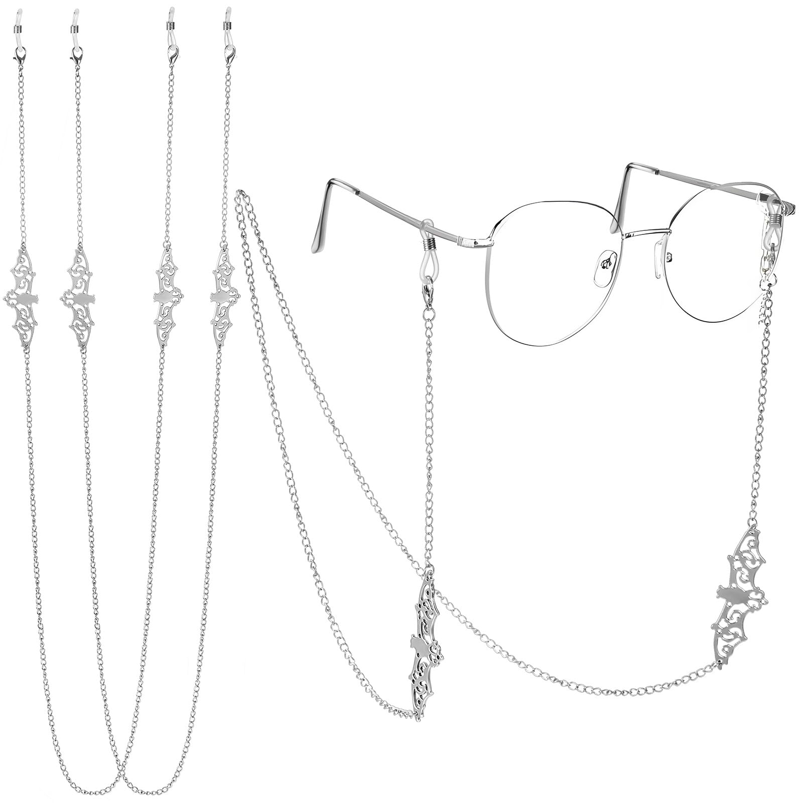 Frienda 2 Pieces Glass Chains Bat Goth Sunglasses Eyeglass Eyewear Lanyard Halloween Party Accessories for Women Men: Silver