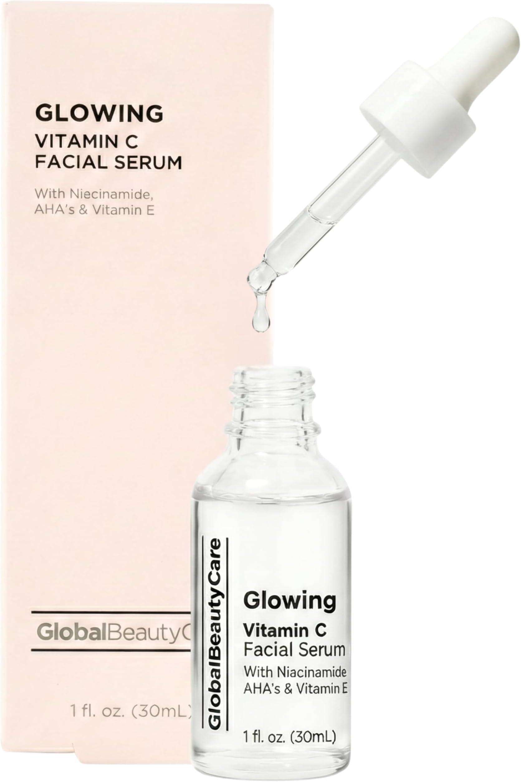 Global Beauty Care Glowing Vitamin C Facial Serum Radiance Boosting Face Serum to Help Improve Appearance of Dark Spots with Niacinamide, AHA & Vitamin E for Smooth Looking Skin Tone, 1 fl oz (1 Pack)