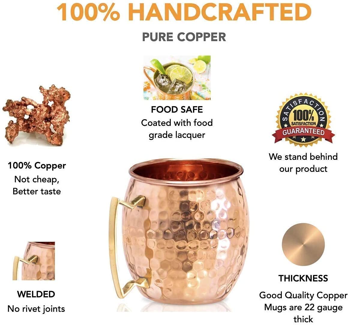 Moscow Mule Copper Mug x 1 - Handmade with 100% Copper - Mugs with Hammered Effect in Gift Box - Kitchen Cup for Drinking, Dining & Entertaining (Hammered Brass Handle)