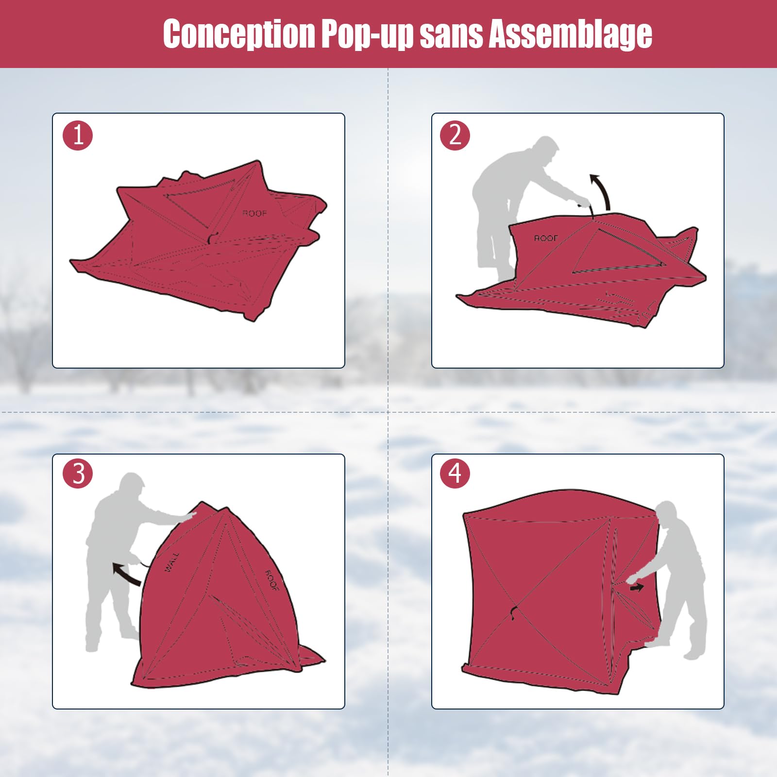 COSTWAY Tente de Pêche sur Glace Portable 2x2M, Abri de Pêche Isolé Pop-Up pour 2 Personnes avec Fenêtres Porte Zippée Aérations Sac de Transport, Cabane de Glace Imperméable d'hiver