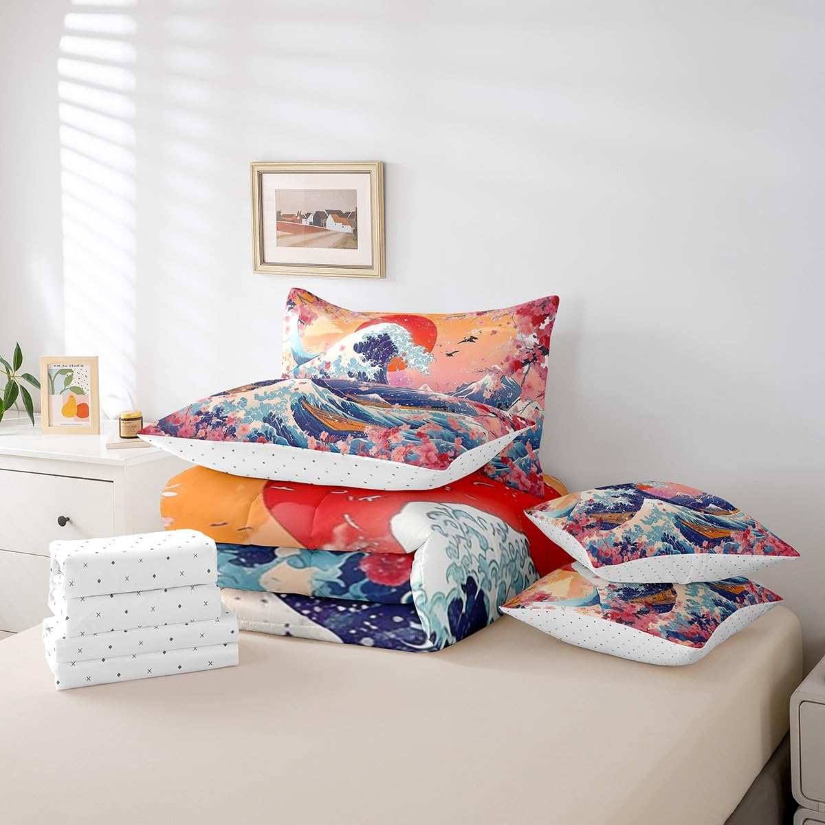 Erosebridal Twin Japanese Style Comforter Set 7 Pieces, Crane Bird Reversible Bed in A Bag, Cherry Blossoms Bedding Set Sakura Flowers Comforter, Mount Fuji Flat Sheet, Fitted Sheet, Pillowcases