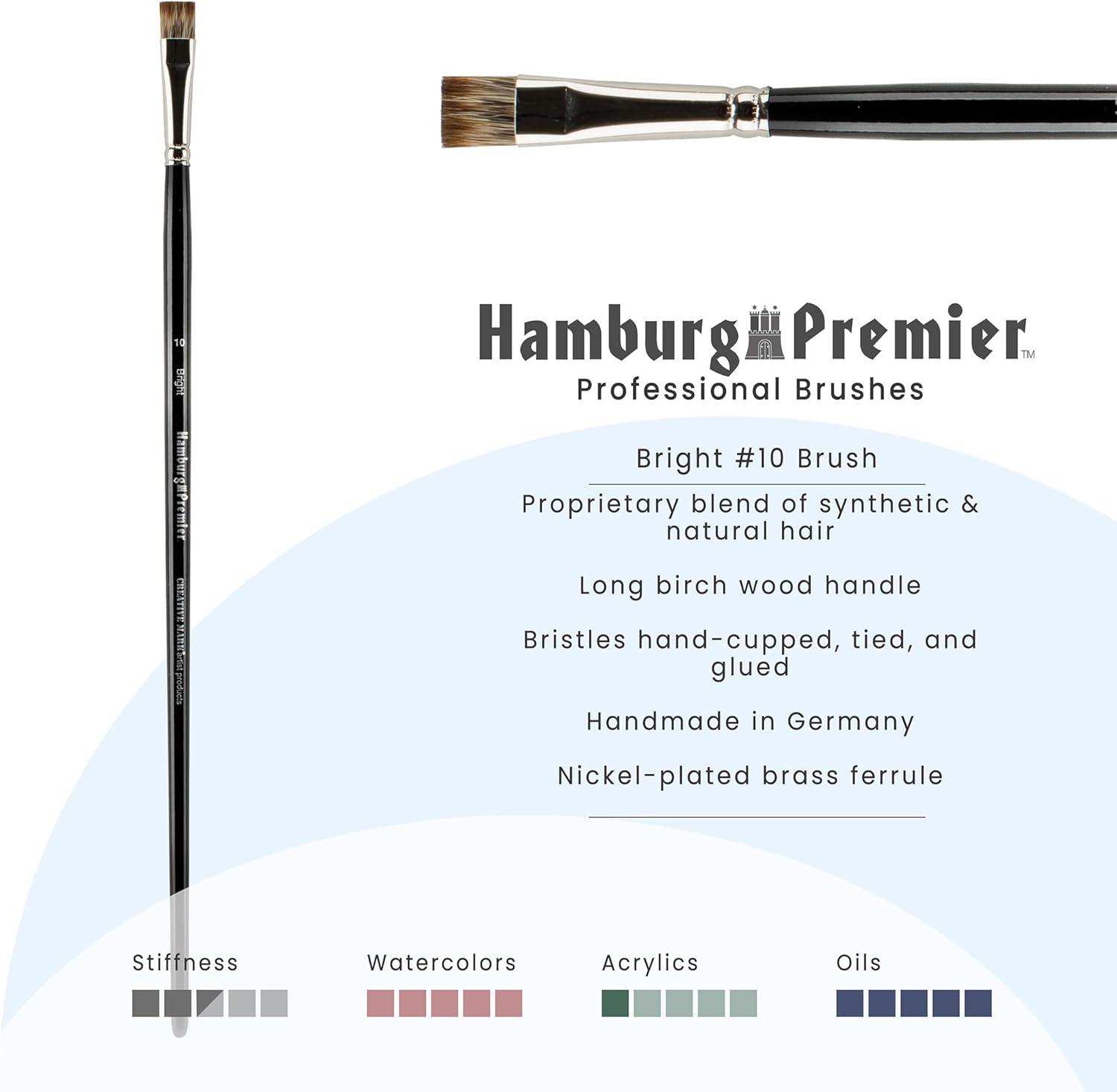 Creative Mark Hamburg Premiere Professional Oil Painting Brushes - Bright #10 Oil Paint Brush - Handmade in Germany, Natural & Synthetic Hair Blend, Long Triple-Lacquered Birch Handle