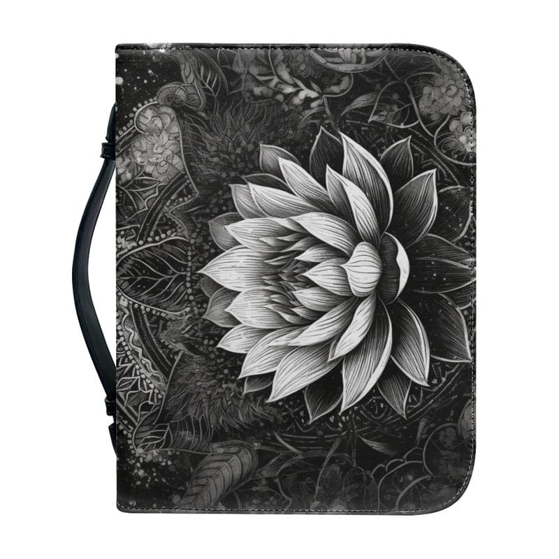 Kuiaobaty Drawing Lotus Print Book Cover Case for Women, Portable Faux Leather Book Holder Organizer with Handle Zipper Notebook Case — image 1