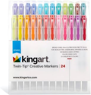 KINGART Studio Twin-Tip Highlighters (24 Unique Soft Pastel Colors). Double-Ended: Broad Chisel & Fine Tips. Quick-Dry, No-Bleed Water-Resistant Ink for Journaling/Art.
