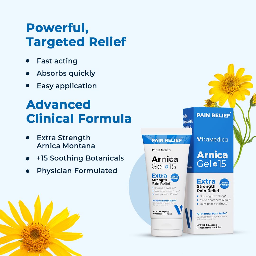 VitaMedica Arnica Gel Plus 15 Healing Plant Compounds, Extra Strength Formulation for Bruising, Swelling, Joint Pain, Muscle Soreness & Stiffness, All-Natural, Plant-Based Pain Relief