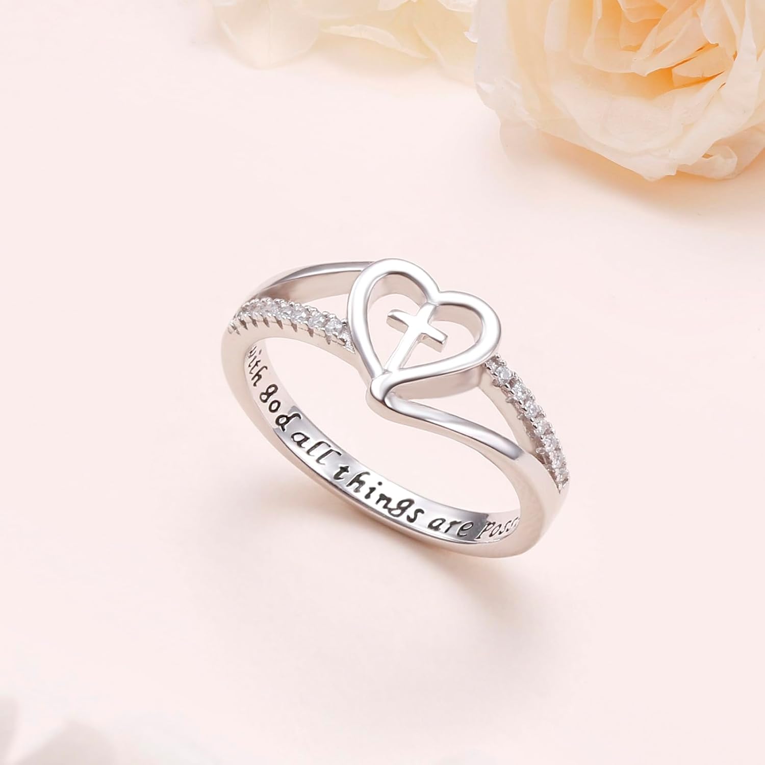 DAOCHONG S925 Sterling Silver Christian Cross Heart Inspirational Faith Bible Verse Ring for Women Teen Jewelry - Image 4