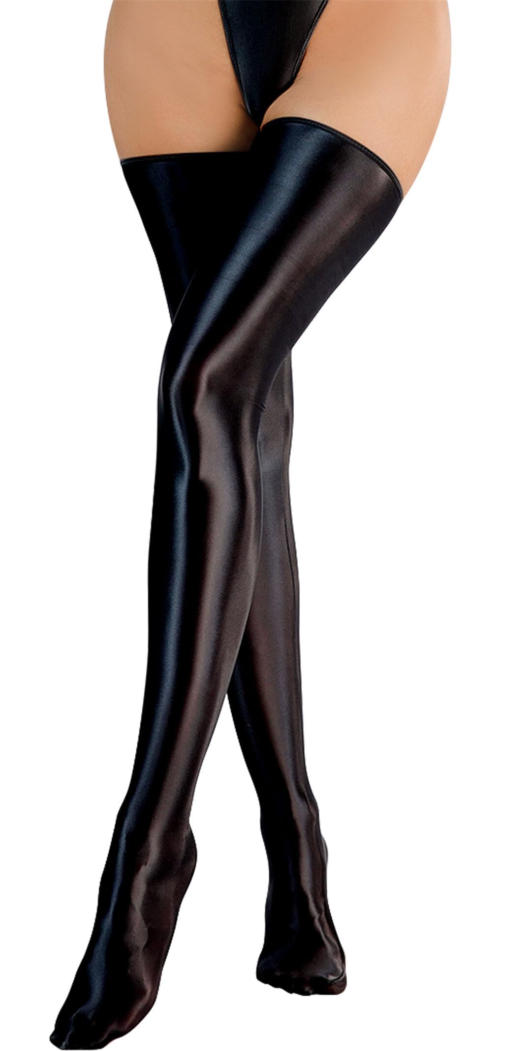 SEAUR Women's Glossy Oil Shimmery Thigh High Shiny Stretch Stockings for Party Cosplay Club Halloween (Black, 2 Count)