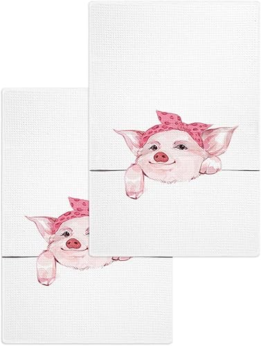 Juego de 2 toallas de cocina de tejido de punto gofre de algodón, animales de cerdo rosa de 16 x 24 pulgadas, absorbentes, de secado rápido, para