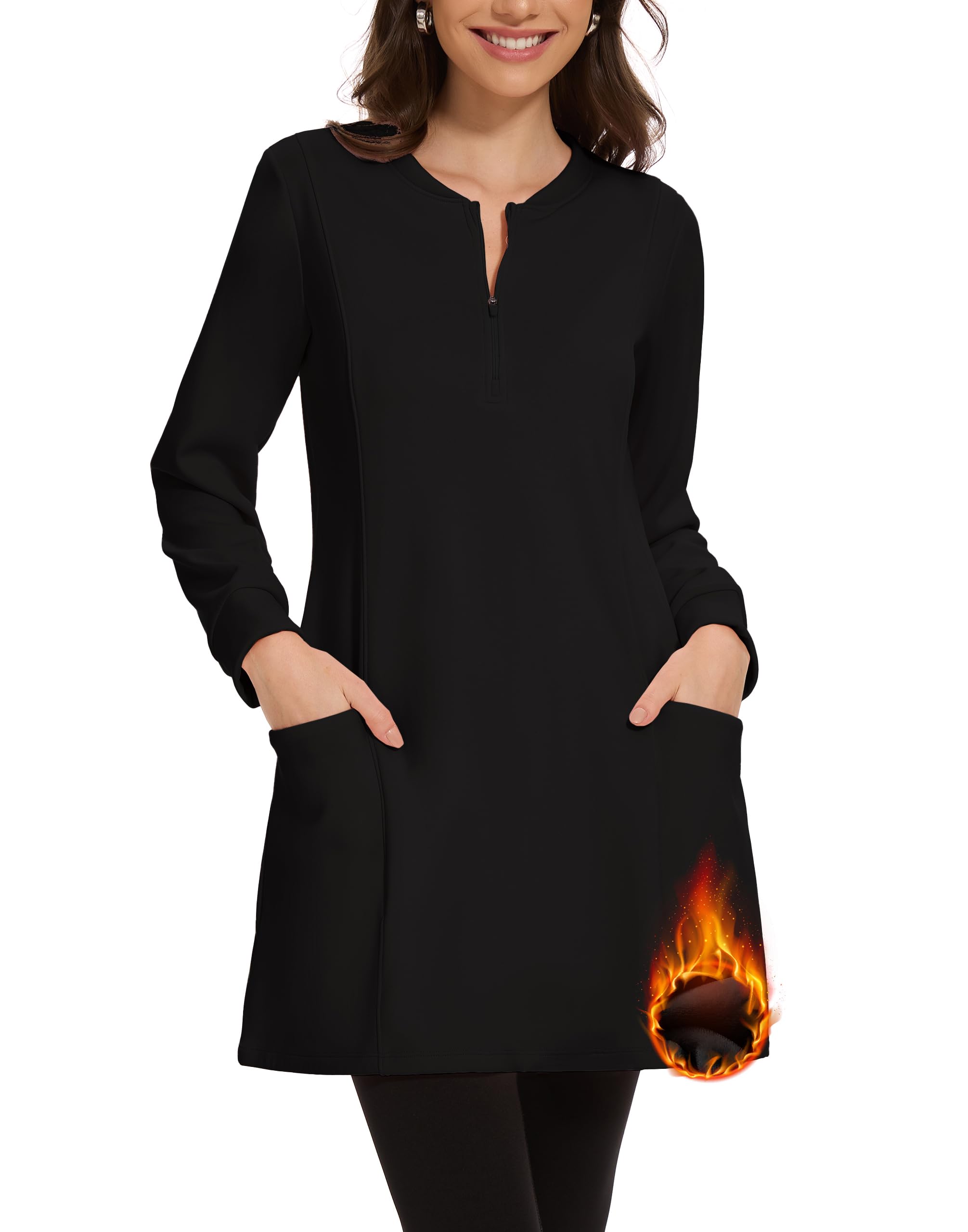 Sweatshirt Dress Fleece Lined Quarter Zip Long Sleeve Warm Thermal Fall Winter Dresses with Pockets-image-37