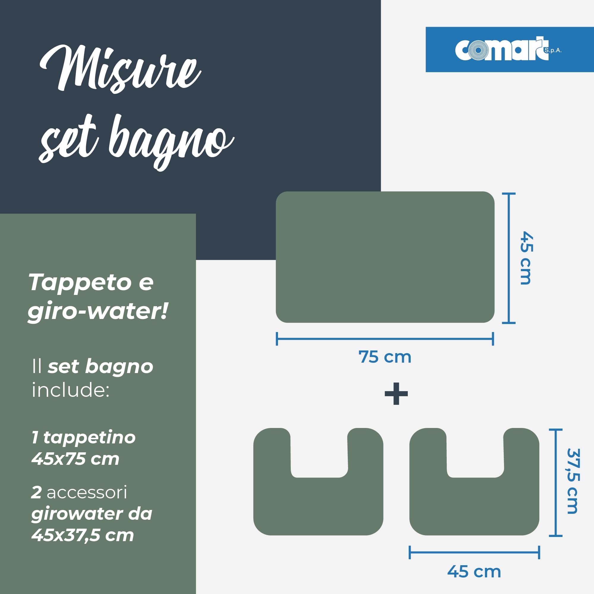 Comart - Set Tappeti Bagno Tahiti - Tris Tappetini Assorbenti: 1 Rettangolare 45x75 cm + 2 Giro Water 45x37.5 cm - Asciugatura Rapida - Salvaspazio - Antiscivolo - Lavabile in Lavatrice - Grigio