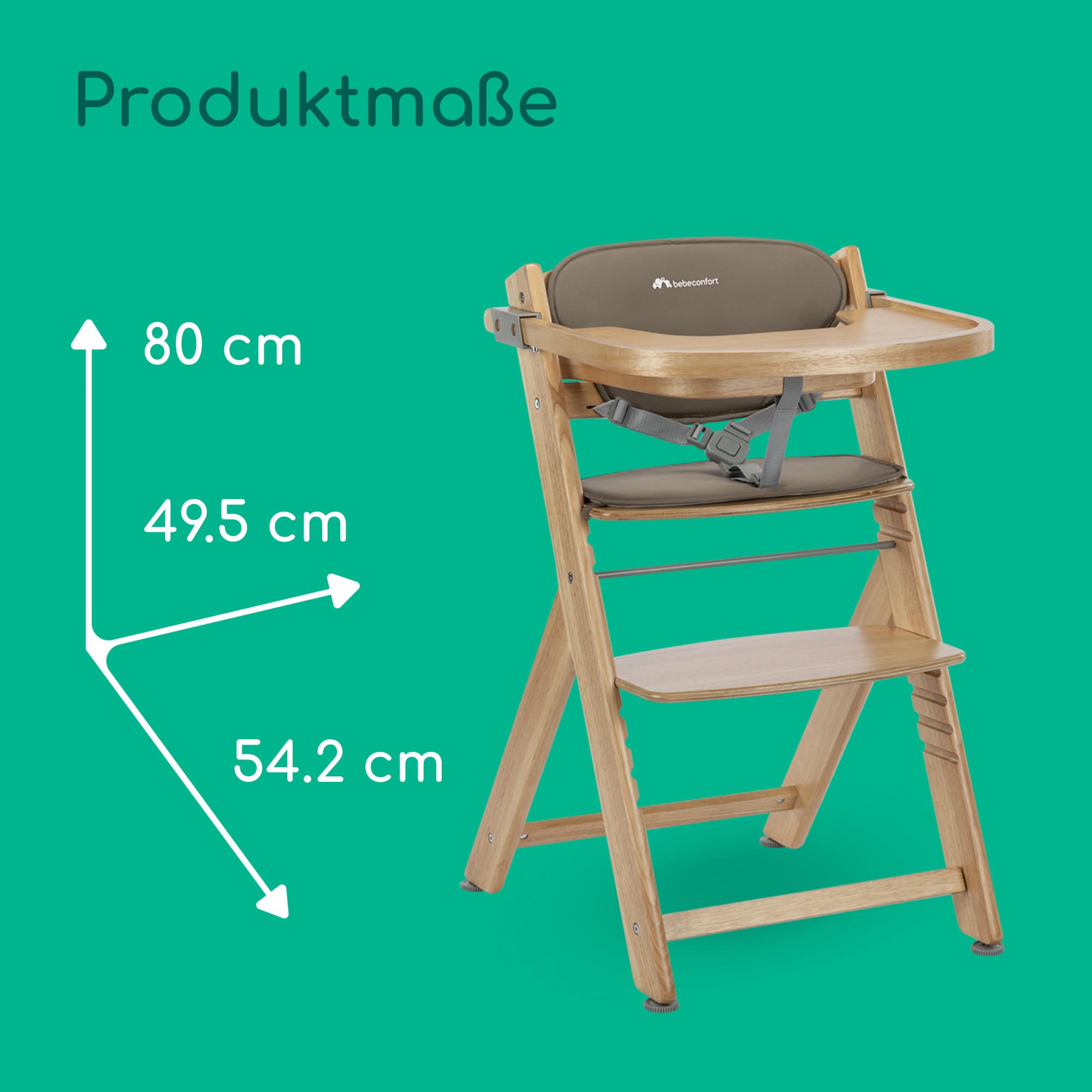 Bebeconfort Timba 2 mit Kissen, Mitwachsender Hochstuhl Baby, Ab 6 Monaten, Bis 110 kg, Ergonomischer Baby & Kinderhochstuhl Holz, Fast alle Esstische, Abnehmbares Tablett, Natural Wood + Beige