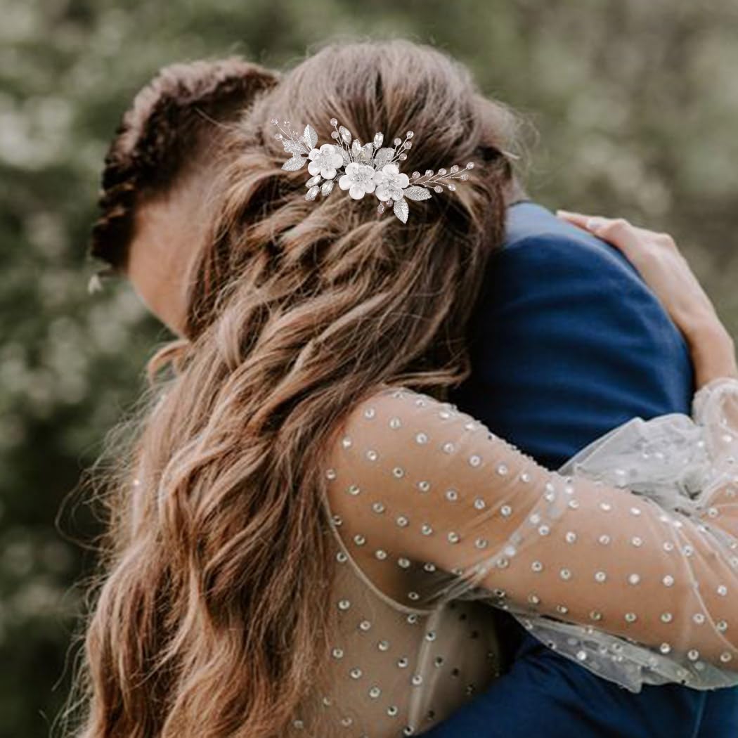 Pettinino per capelli da sposa con fiori argentati e cristalli, accessorio per capelli per donne e ragazze