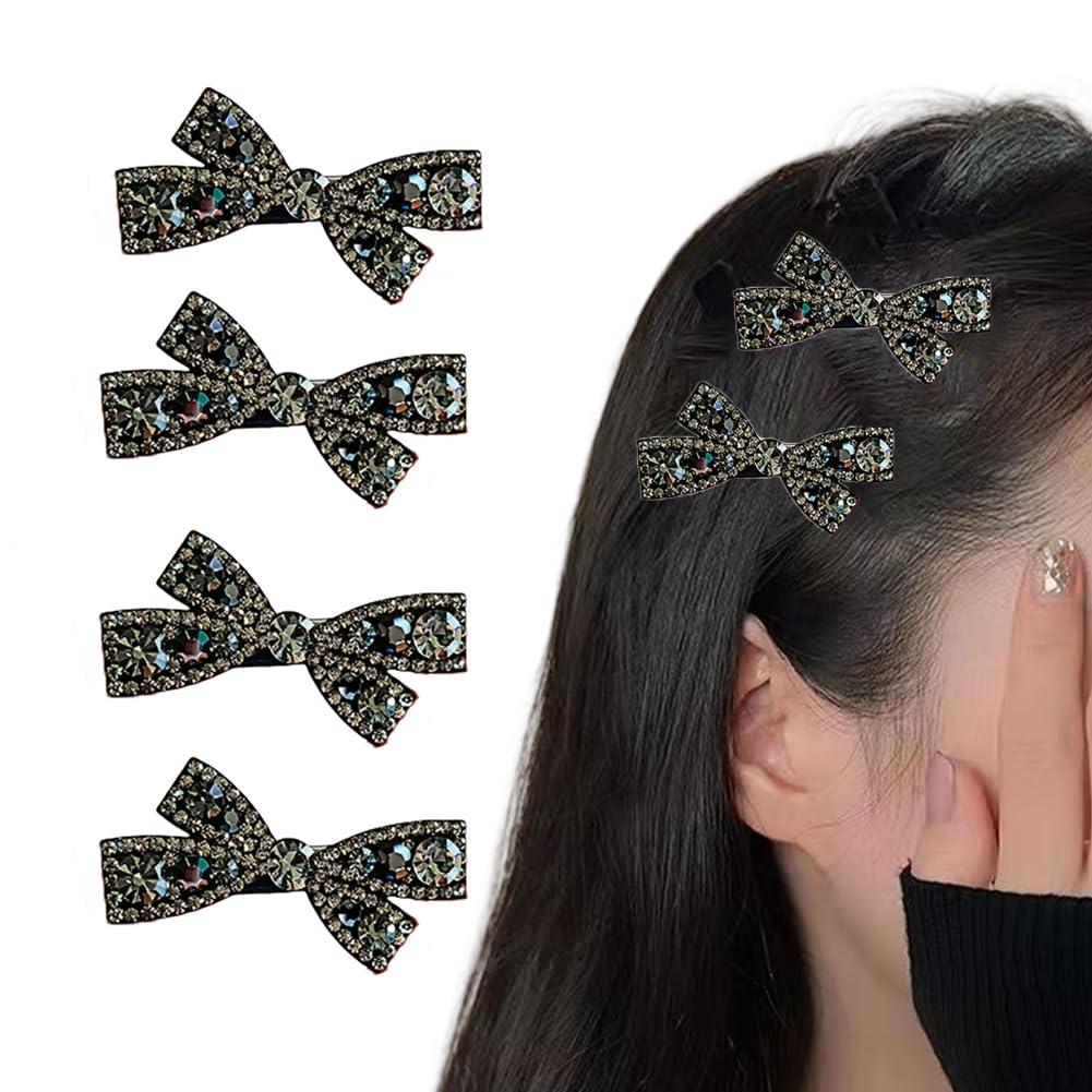 4Pcs Rhinestone Crystal Bow Hair Clips Non Slip Barrettes Bowknot Duckbill Clip for Women Wedding Party(Black)