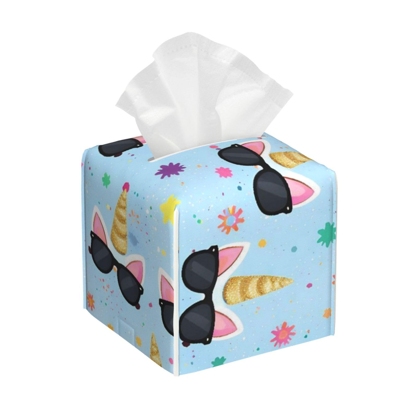 Cute Unicorns Leather Tissue Box Cover Holder Square Facial Paper Organizer 5.2" X 5.2" X 5.2"