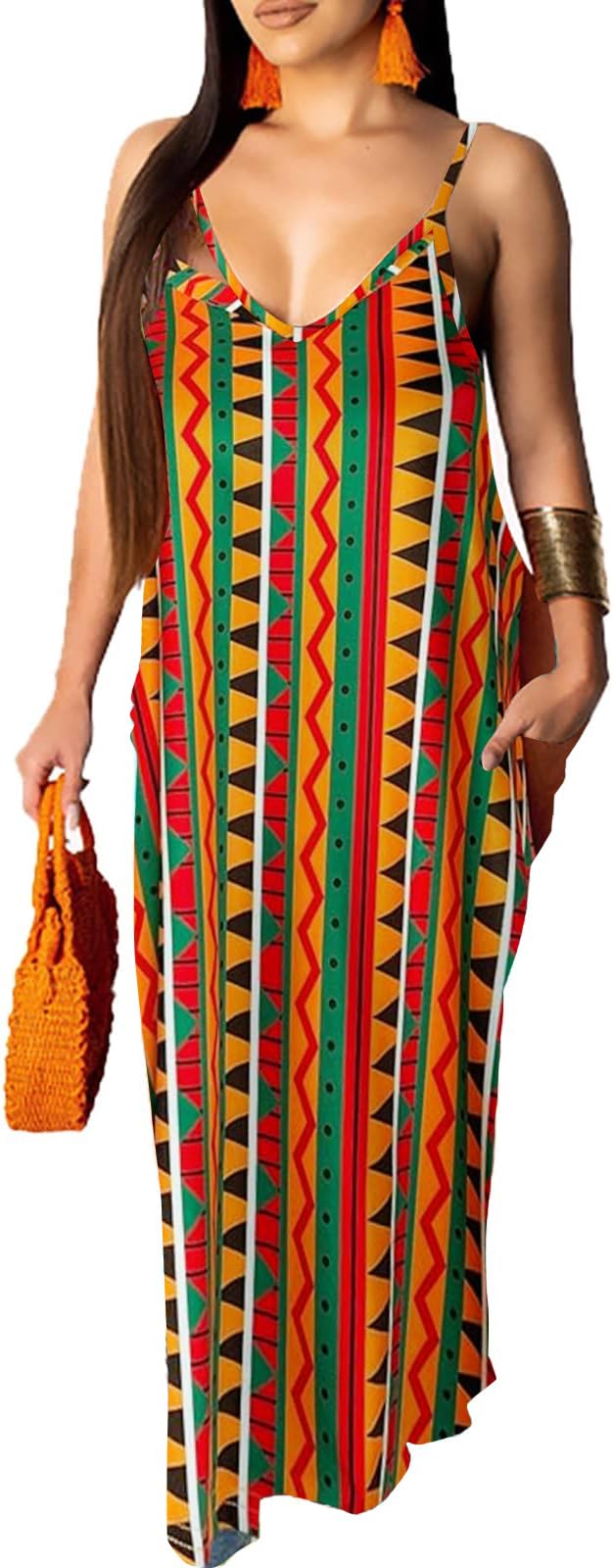 HipGlamp Women's Casual Summer Maxi Dresses Sleeveless Adjustable Spaghetti Strap Loose Plus Size Dresses