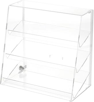 Plymor Clear Acrylic Locking Display Case with Slanted Front and Sliding Back, 3 Angled Shelves, 13.75" H x 14" W x 7.75" D