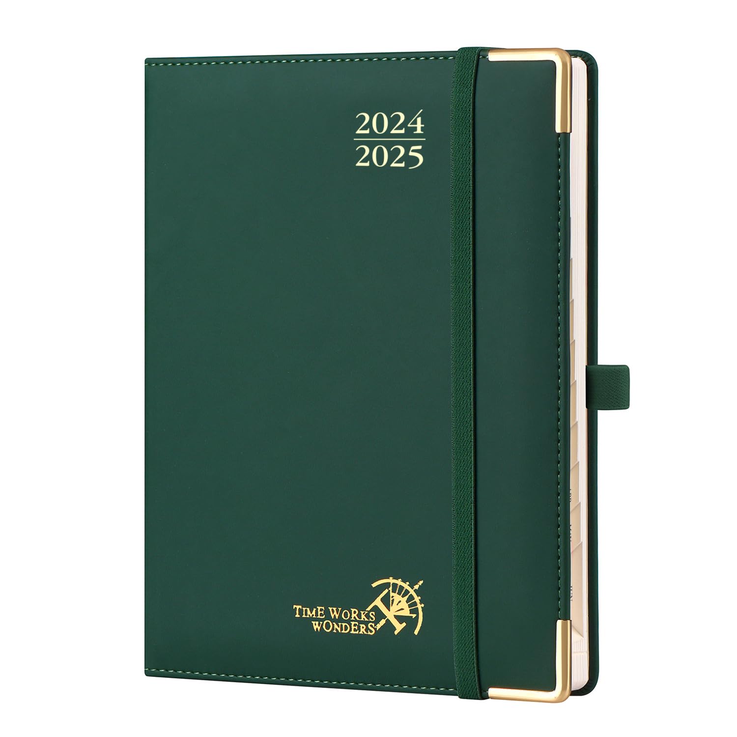 POPRUN Agenda 2024 2025 Semana Vista Premium 22 x 16,5 cm, Agenda Semanal 2024 con Tapa Dura, Esquinas Protectoras de Oro, Papel Certificado FSC® 100 GSM, Verde Bosque