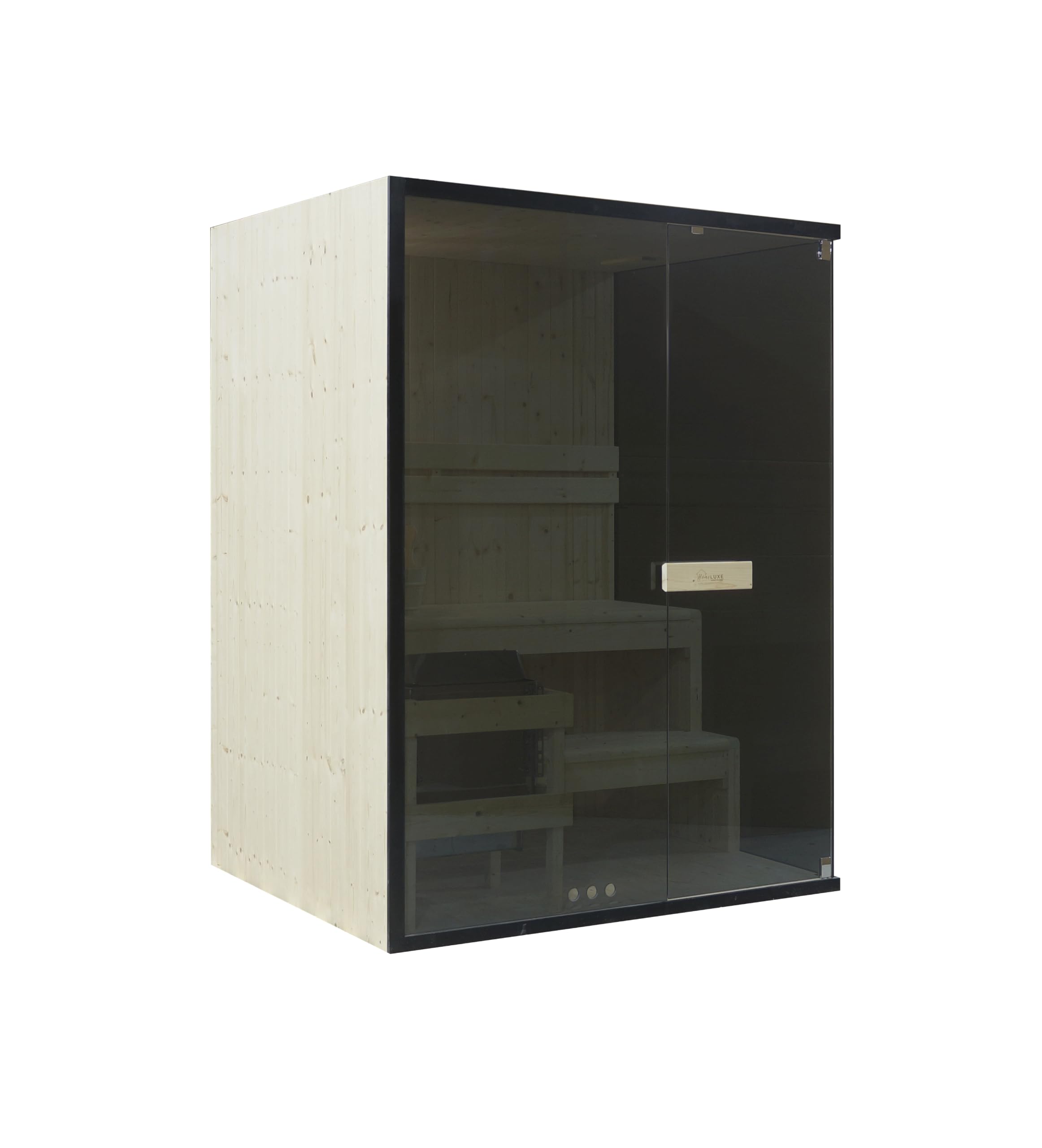 SANOTECHNIK Sauna FALUN L für 2–3 Personen, Innensauna aus Fichtenholz mit 4,5 kW Harvia Saunaofen, Saunasteine & Zubehör, getöntes Sicherheitsglas, 150 x 120 x 200 cm