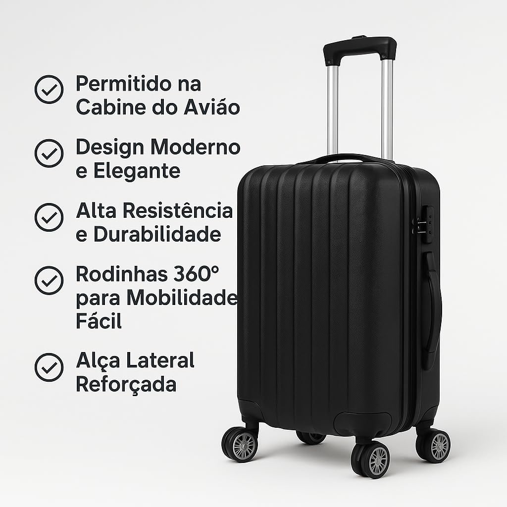Mala De Bordo 10Kg Pequena ABS Rodas 360 Graus Com Cadeado Ideal Para Bagagem De Mão Rígida Leve E Resistente (PRETO)