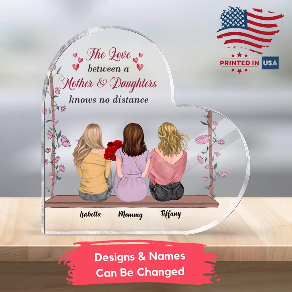Gossby Personalized Heart-shaped Mom Acrylic Plaque - Custom Birthday Mothers Day Gift For Mom With Design, Name - Daughter Mom Gifts - Transparent Mothers Day Desktop Home Decors - 2 Daughters