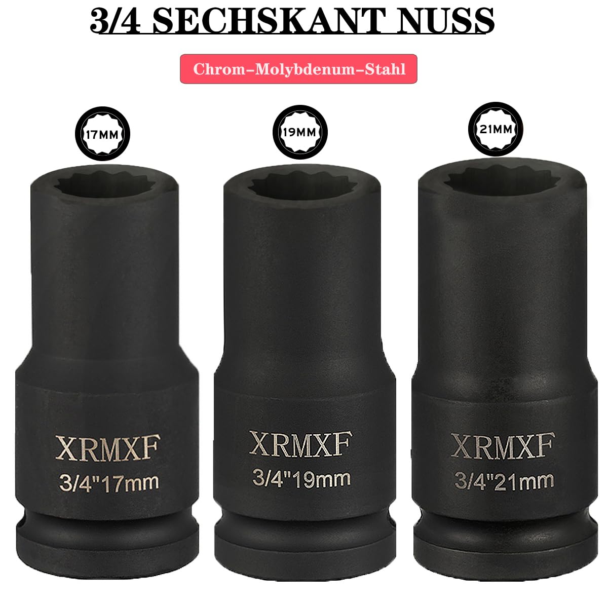 Set di chiavi a bussola da 3/4", 3 pezzi, 17, 19, 21 mm, dadi Cr-Mo | set da 12 punti