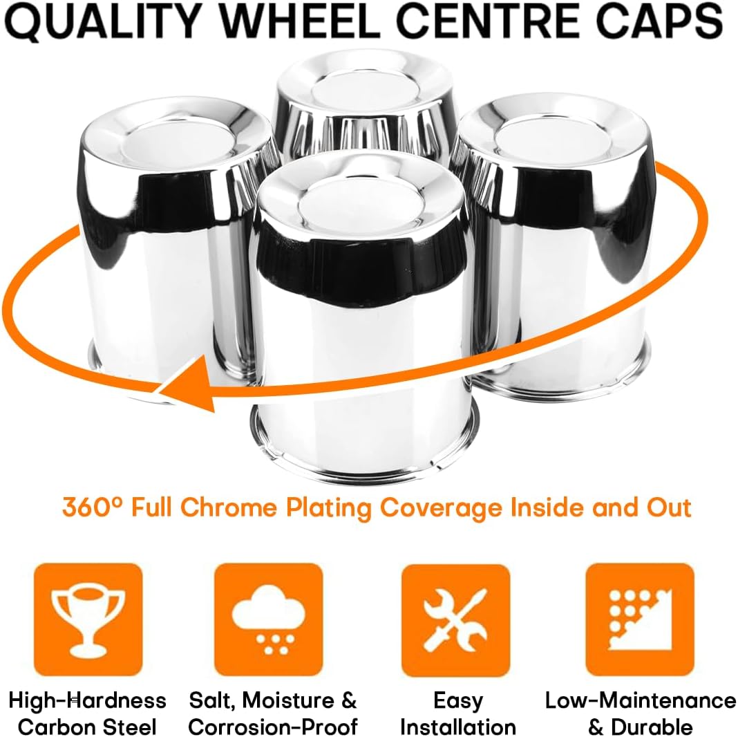 4Pcs 5.15in Center Caps Fit Truck Trailer RV SUV 5.15" Center Bore Wheels Rims, Carbon Steel Chrome Silver Push Through Hub Covers
