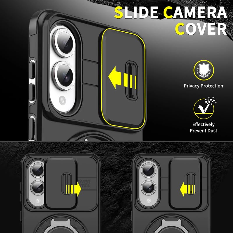 Image of LuxuryKase Shockproof Rugged Case for Samsung Galaxy S25 Edge | Slide Camera Cover | 360 Rotating Ring Kickstand | Military-Grade Protection - Matte Black