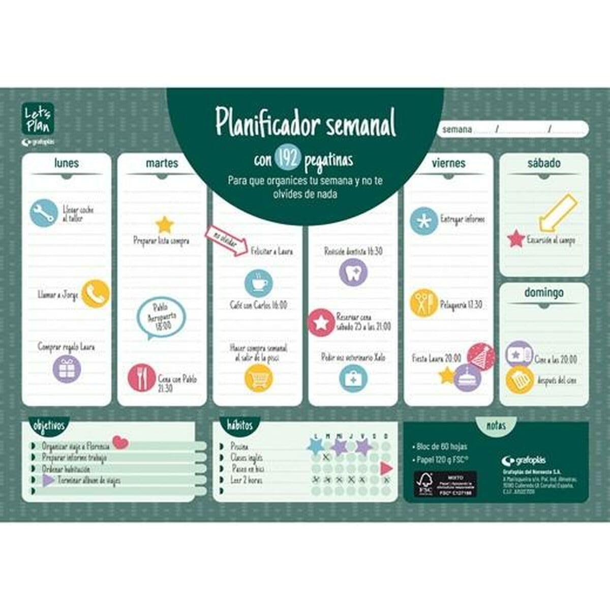 Grafoplás, Catalan Weekly Planner Pad A3, Table Top, with 192 Stickers, 60 Sheets of Paper 120 g, FSC Certified, 42 x 29.7 cm