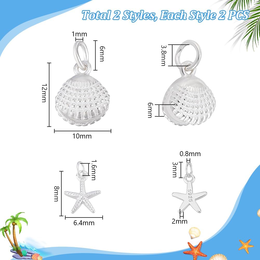 PH PandaHall 4pcs 925 Sterling Silver Starfish Shell Charm Pendant Sea Animal Charms, 2 Styles Metal Ocean Pendant Dangle Charm for Necklace Bracelet Summer Beach Jewelry Making Crafts