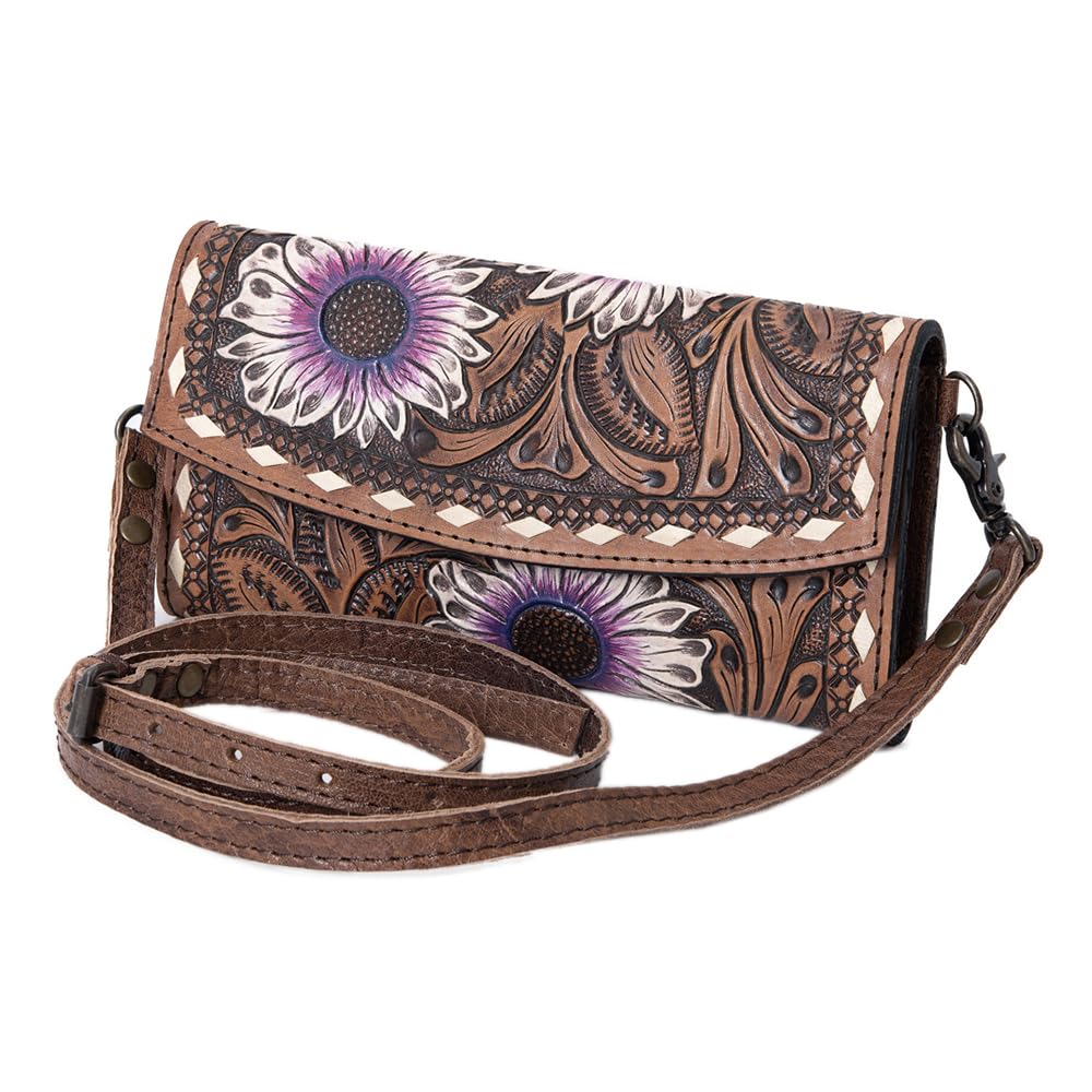 American Darling Women's Western Wristlet Wallet | Brown & White Purple Flower | 4in (H) X 9in (W) | 5 Compartments, 1 Zippered Pocket | Genuine Leather | Handcrafted Western Design