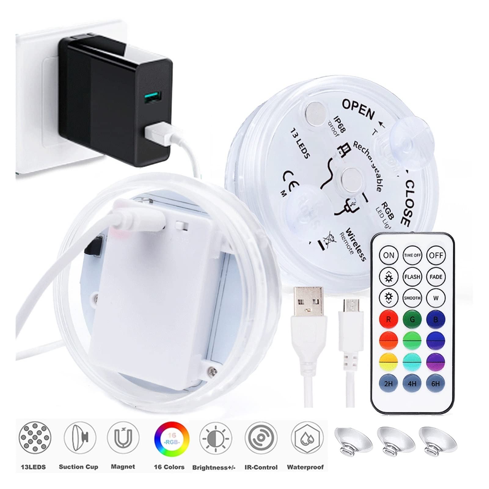 13 Le Ds sumergible magnético DIRIGIÓ Luz submarina impermeable ligera USB Lámpara de noche recargable piscina con tazas succión(1 Controller 1 Lamp)