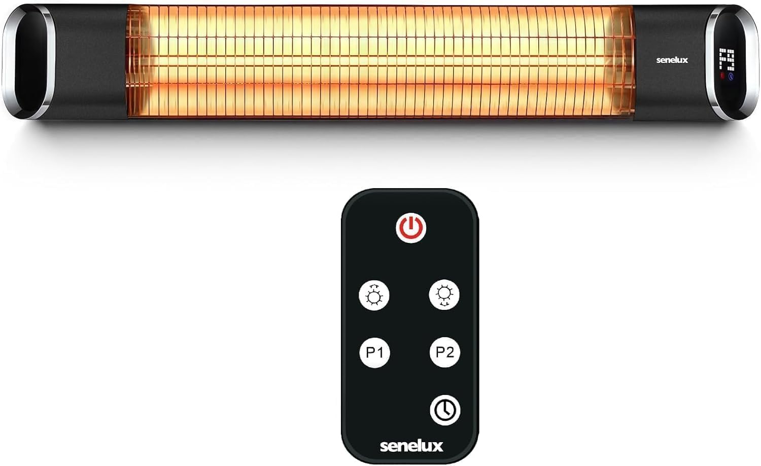 Calefactor de Patio Eléctrico Infrarrojo Senelux Montado en Pared 2000W | Calefactor IP65 Resistente al Agua para Uso en Interiores y Exteriores | Control Remoto | Temporizador Ajustable y 9 Niveles d