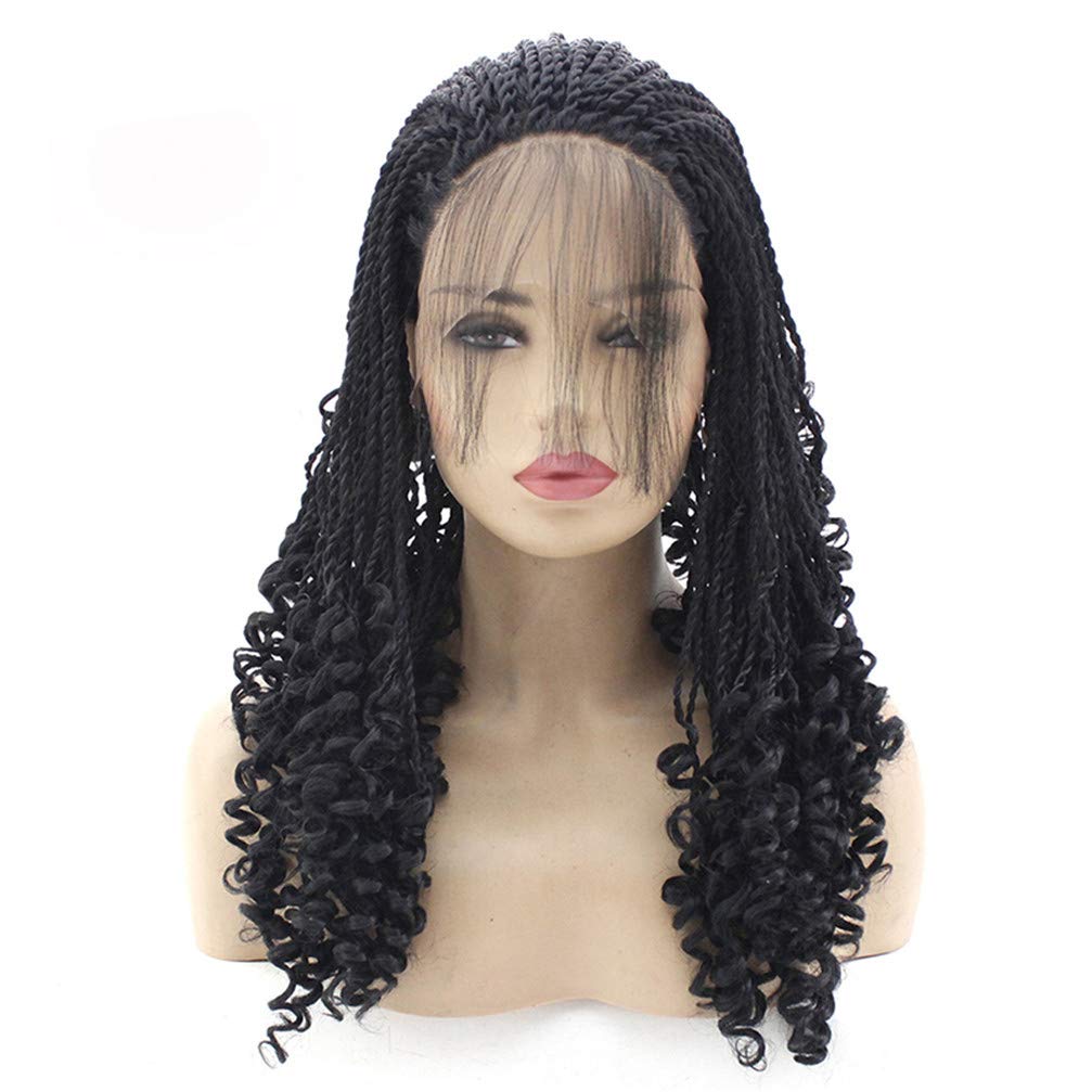 Perruque tressée noire avec 3X dentelle bouclée et cheveux de bébé synthétique 28 pouces