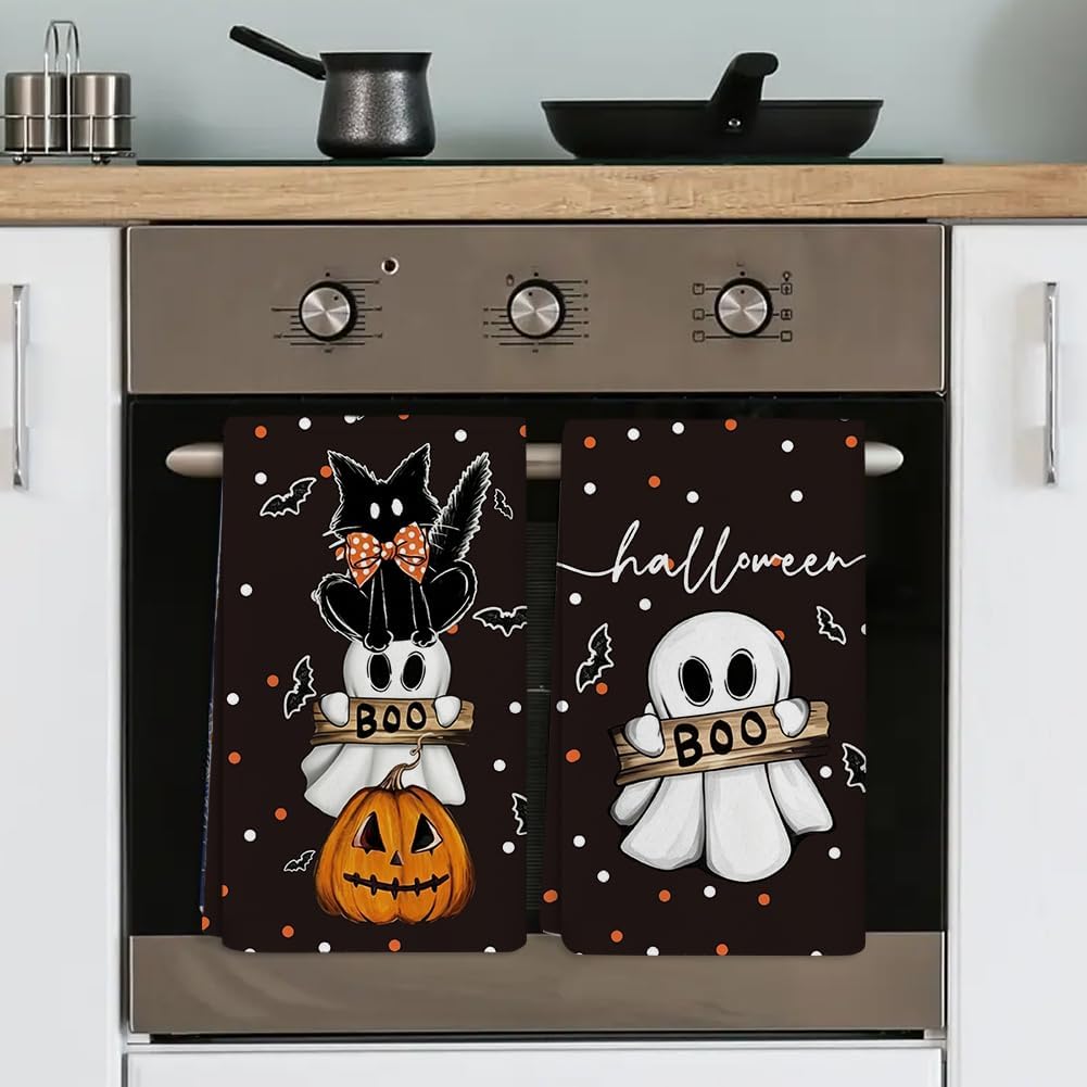 Halloween Kitchen Towels, Black Cat Pumpkin Ghost Dish Towels | 18x26 Inch, Set of 2, Soft Hand Towels for Home Kitchen Bathroom Decoration, Seasonal Kitchen Decor and Everyday Cleaning