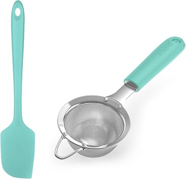 U-Taste 600oF Heat Resistant Food Grade Silicone Spatula 1 Piece, and 18/8 Stainless Steel 3.75in Small Fine Mesh Strainer with Sturdy Riveted Silicone Handle and Strong Frame Aqua Sky