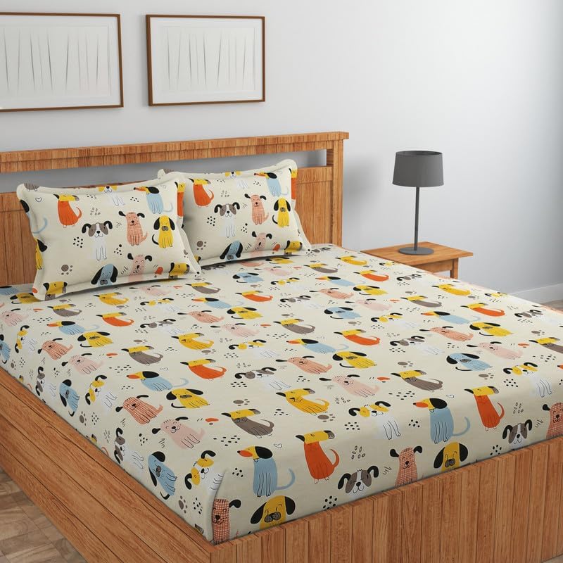 Image of RD FABS Glace Cotton Wrinkle Free Soft Hypoallergenic Double Bed King Size Bedsheet with 2 Pillow Covers, Cartoon Printed Dog Design for Kids Room Boys Girls, 90x95 Inches, Beige, 144 TC