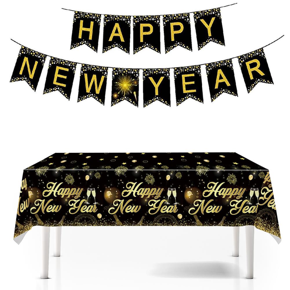 Dusenly Happy New Year Banner Gold Glitter 2027 New Year's Eve Party Tablecloth Table Cover for 2027 New Year Party Photo Backdrop Props Decoration