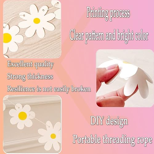 Miniatura 7 de Paquete de 3 pancartas de margaritas rosadas, decoraciones únicas de margaritas florales, guirnalda de margaritas florales, decoración de papel,