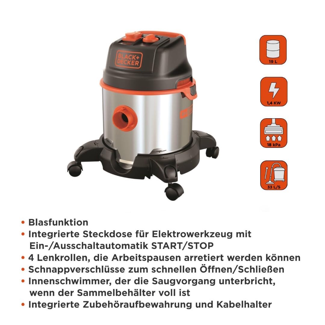BLACK+DECKER Nass und Trockensauger BXVC20XTE mit Integrierte Steckdose für Elektrowerkzeug (1400 W, 20 Liter)