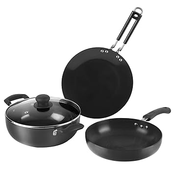 Vinod Black Pearl Plus Hard Anodised Cookware 3 Pcs Set of 24 cm Deep Kadai with Lid (3.1 Litre), 24 cm Frypan and 25 cm Tawa (4.25 mm Thickness) - Black (Induction and Gas Stove Compatible)